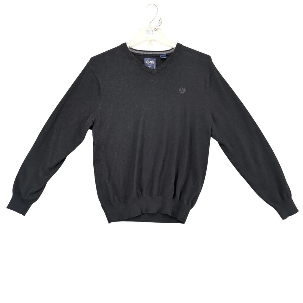 Chaps Cotton Cashmere Black V-Neck Sweater Men's L Embroidered Crest Preppy‎
